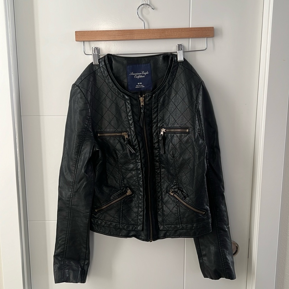 Faux Leather Jacket with Quilted Detailing - American Eagle - Side Medium